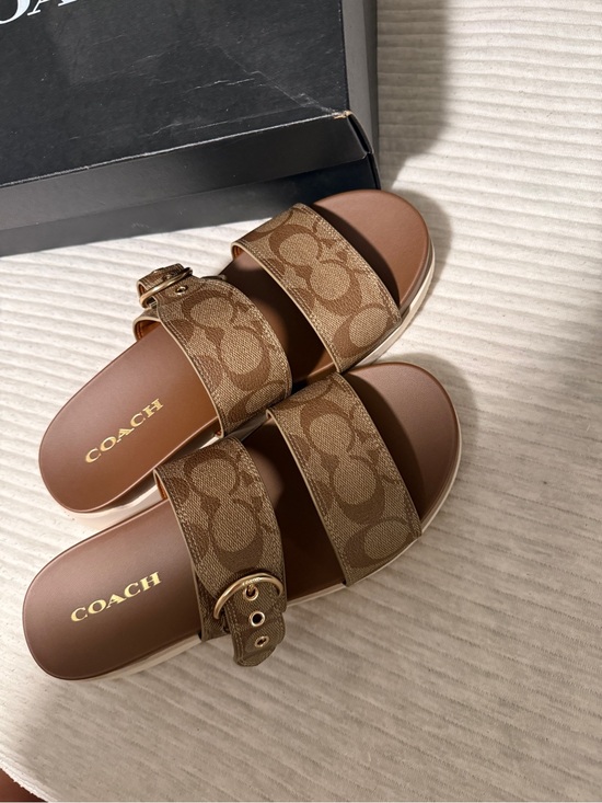 Coach Shoes - Coach Brown Signature Double-Strap Slide Sandals with Buckle